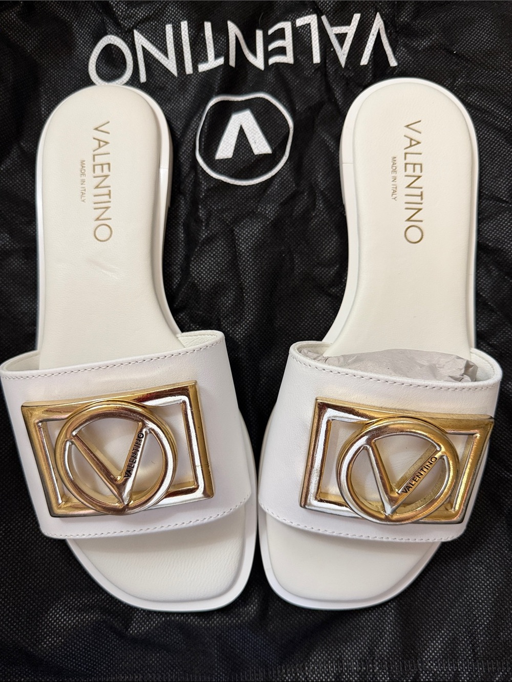 Valentino White Leather Slide with Gold V Logo Plaques